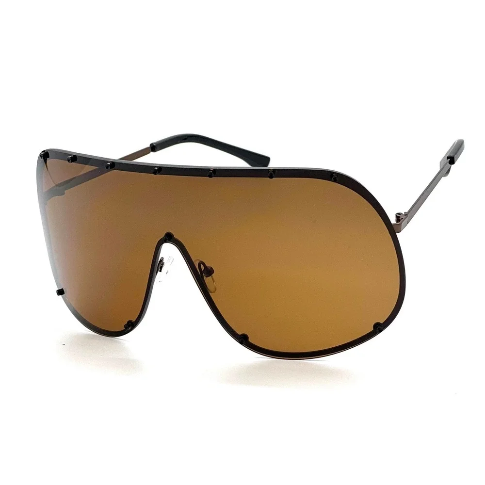 Shield Sunglasses Oversized Trendy Rivet Brown Lens Fashion Statement Lentes New